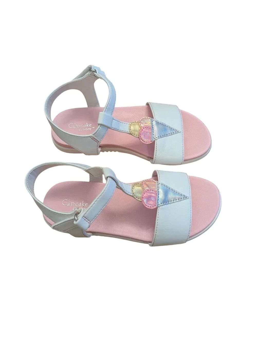 Cupcake Couture Girls' White and Pink T-Strap Sandals Leather Size 11